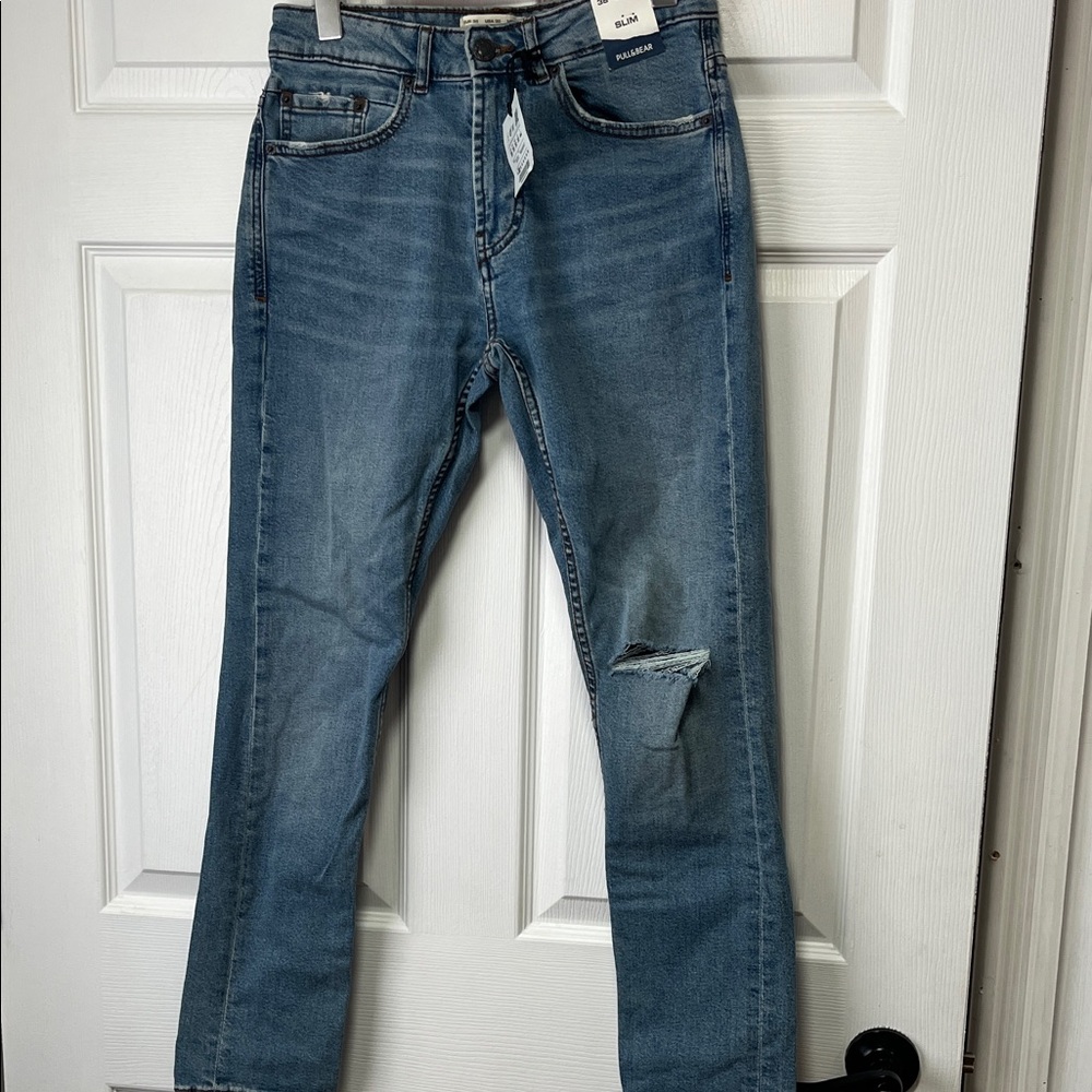 Pull&Bear Slim Fit Light Blue Distressed Men's Jeans